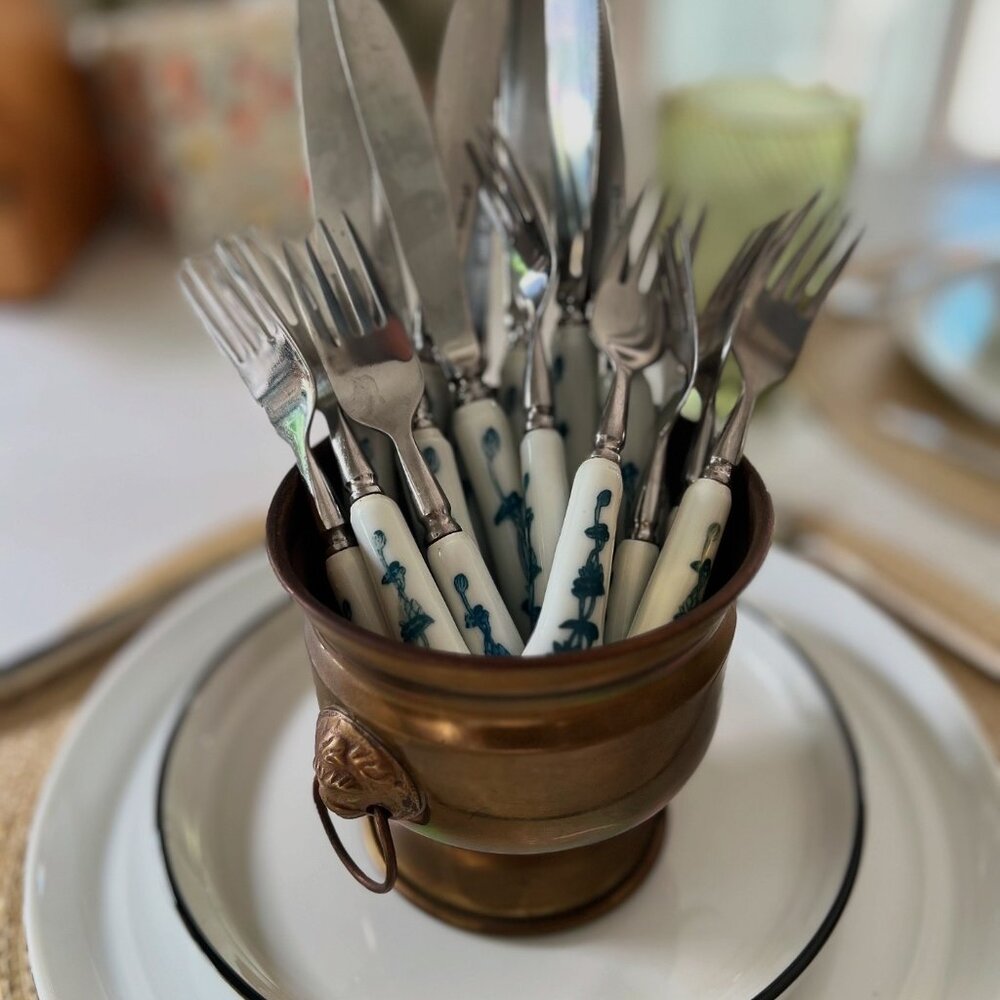 Vintage Blue and White Porcelain Flatware Appetizer Forks and Knives